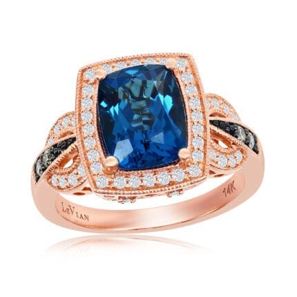 Le Vian Chocolatier� Ring featuring 3 cts. Deep Sea Blue Topaz�, 1/15 cts. Chocolate Diamonds�, 1/4 cts. Vanilla Diamonds� set in 14K Strawberry Gold�