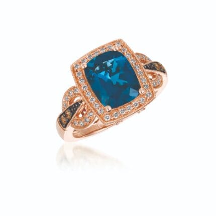 Le Vian Chocolatier� Ring featuring 3 cts. Deep Sea Blue Topaz�, 1/15 cts. Chocolate Diamonds�, 1/4 cts. Vanilla Diamonds� set in 14K Strawberry Gold�